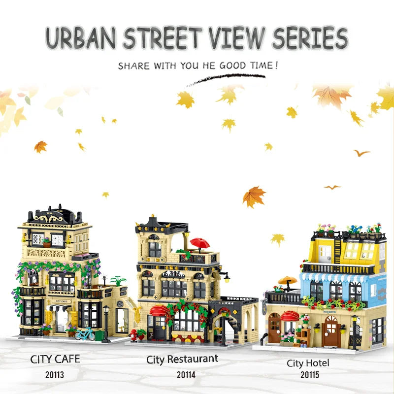 1443-1489pcs Creative City Cafe Light Streetview Building Blocks Bricks Model Sets MOC Modular Architecture Boys Toys Kids Gifts