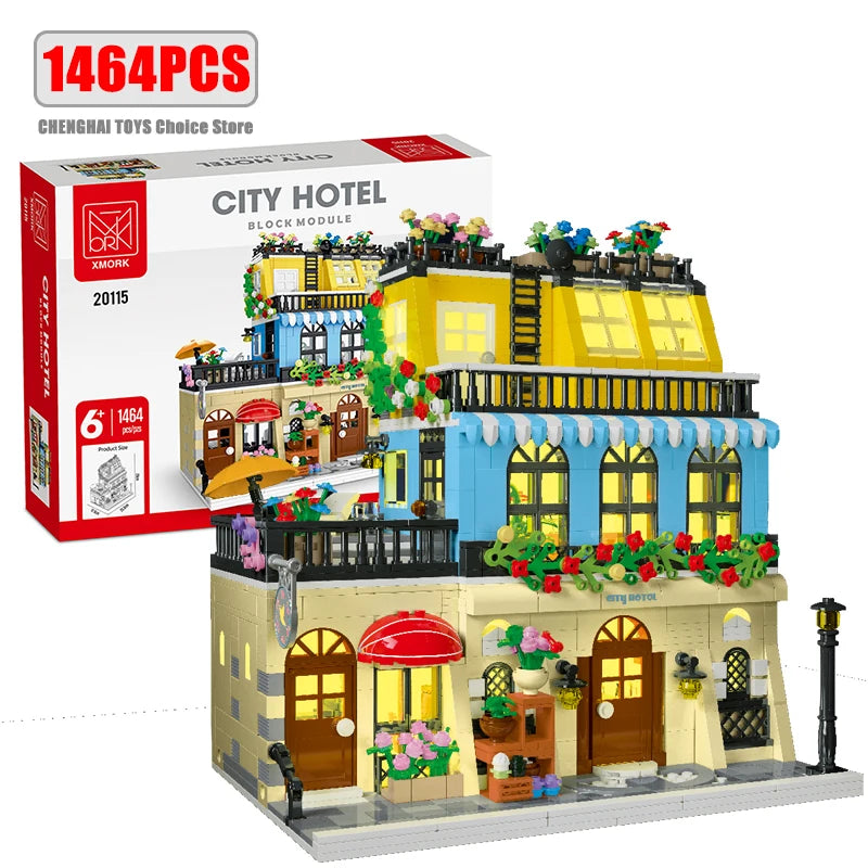 1443-1489pcs Creative City Cafe Light Streetview Building Blocks Bricks Model Sets MOC Modular Architecture Boys Toys Kids Gifts