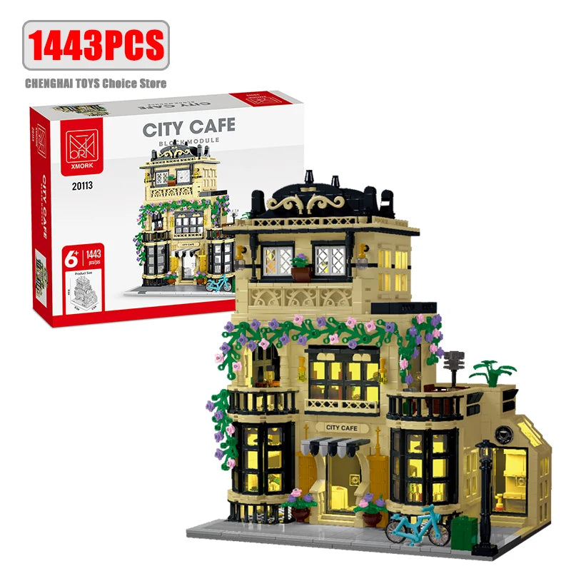 1443-1489pcs Creative City Cafe Light Streetview Building Blocks Bricks Model Sets MOC Modular Architecture Boys Toys Kids Gifts