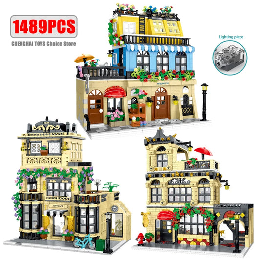 1443-1489pcs Creative City Cafe Light Streetview Building Blocks Bricks Model Sets MOC Modular Architecture Boys Toys Kids Gifts