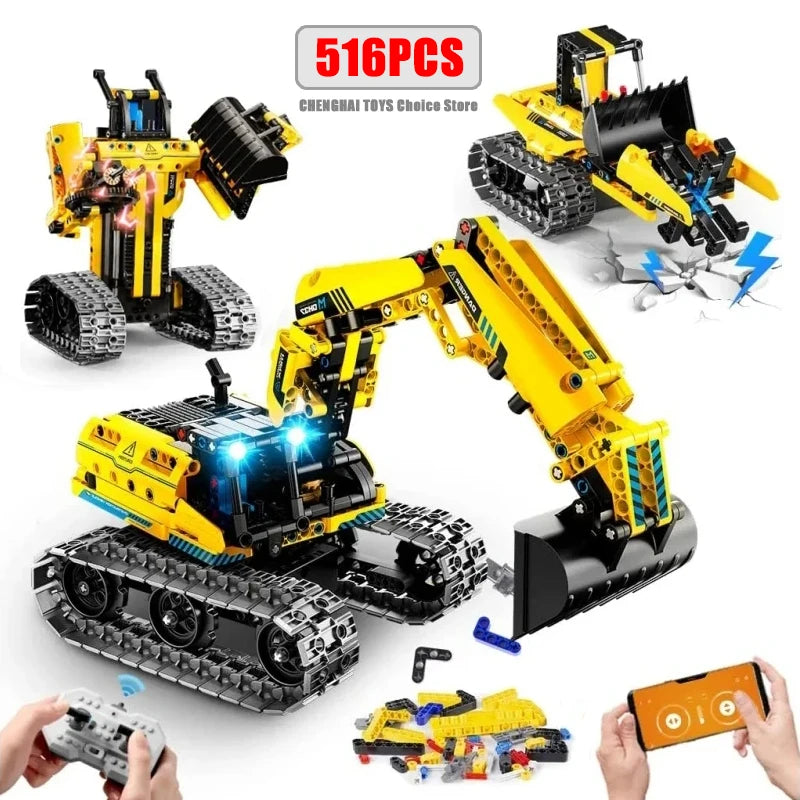 3 in 1 City Technical RC Car Robot Excavator Racing Car Building Blocks Remote Control Bulldozer Truck Bricks Gift Toys for Boy