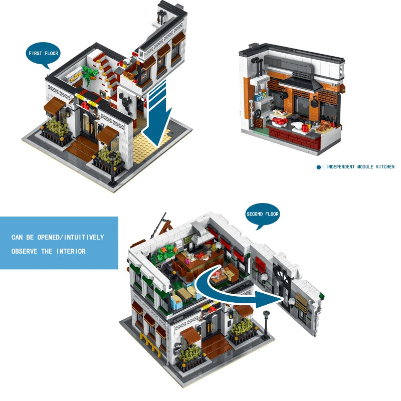 4132PCS City Street View Restaurant Modular Building Blocks MOC Adults Creative Modern Architecture House Model Bricks Kids Gift