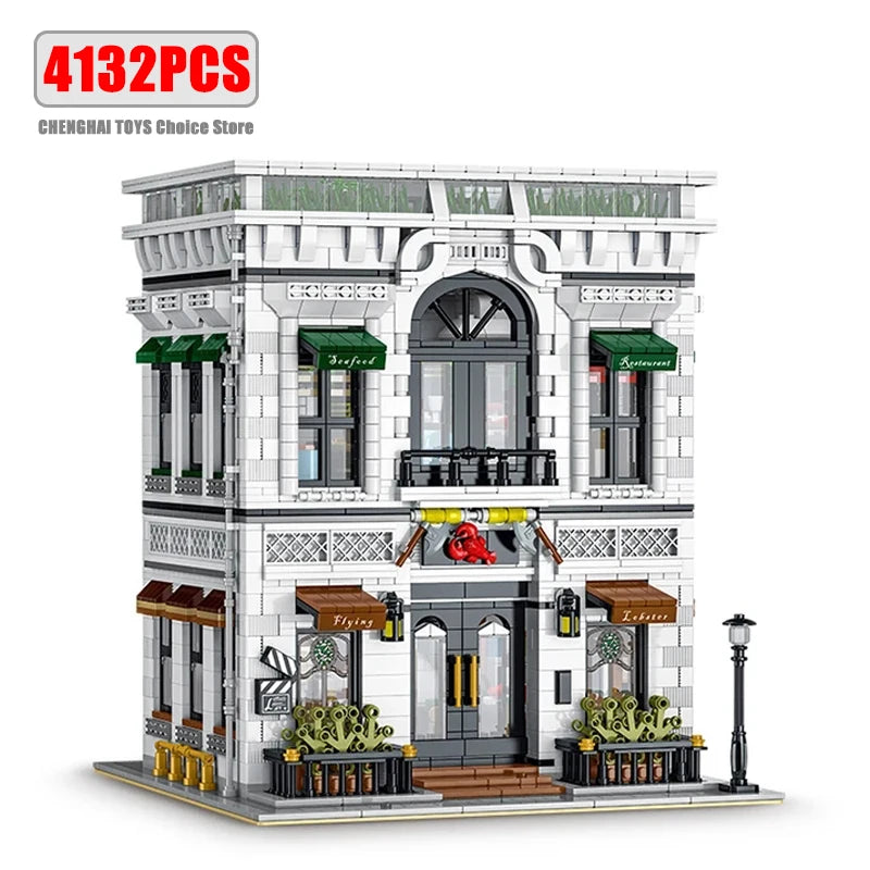 4132PCS City Street View Restaurant Modular Building Blocks MOC Adults Creative Modern Architecture House Model Bricks Kids Gift