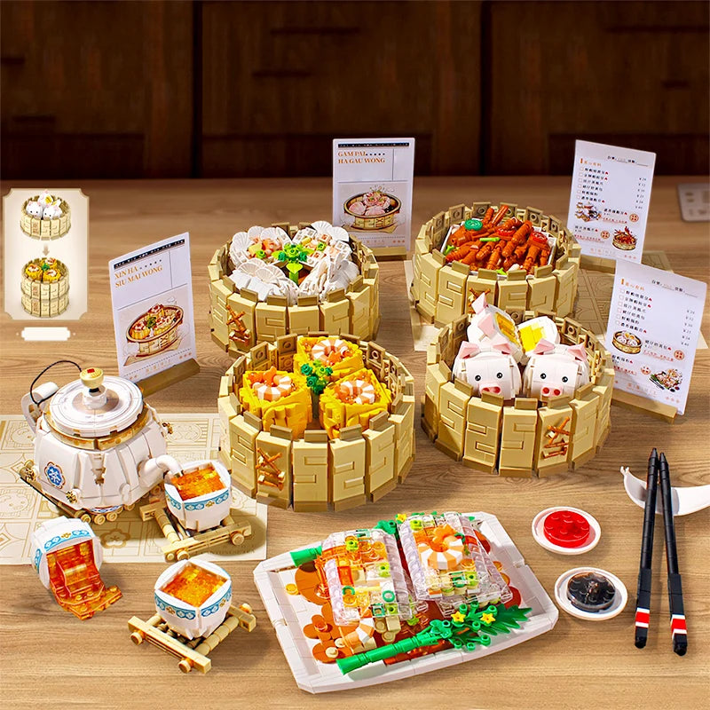 4241Pcs Chinese Culture Cantonese Building Blocks MOC Chinese Morning Tea Food Dim Sum Bricks Toys Christmas Puzzle Kids Gifts