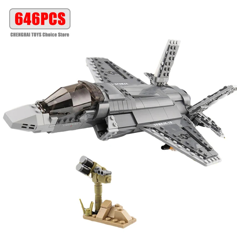 646pcs Military F35 Lightning II Fighter Jet Building Blocks Model Boys Building Toys for 3 4 5 6 7 8 9 10 11 12+ Year Old Gifts