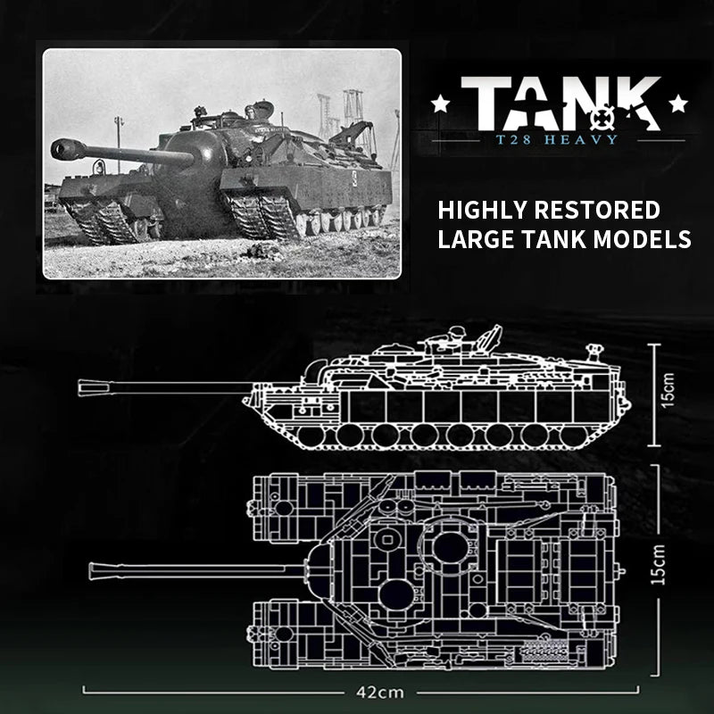 Military Series T28 Super Heavy Tank Building Blocks Set WW2 Armored Tank Weapons Soldiers Bricks Adults Toys for Kids Boy Gifts