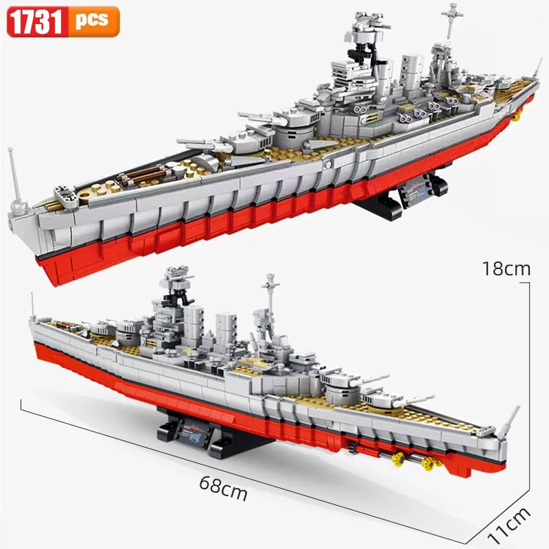 WW2 Military Large Warship Series Building Blocks Brick Model MOC Weapon Cruiser Boat Arms Soldier Set Kid Toys Boy Holiday Gift