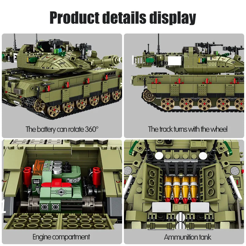 WW2 Military Merkava MK4 Main Battle Tank Series Building Blocks Bricks Model MOC Army Weapon Soldier Sets Kids Toys Boys Gifts